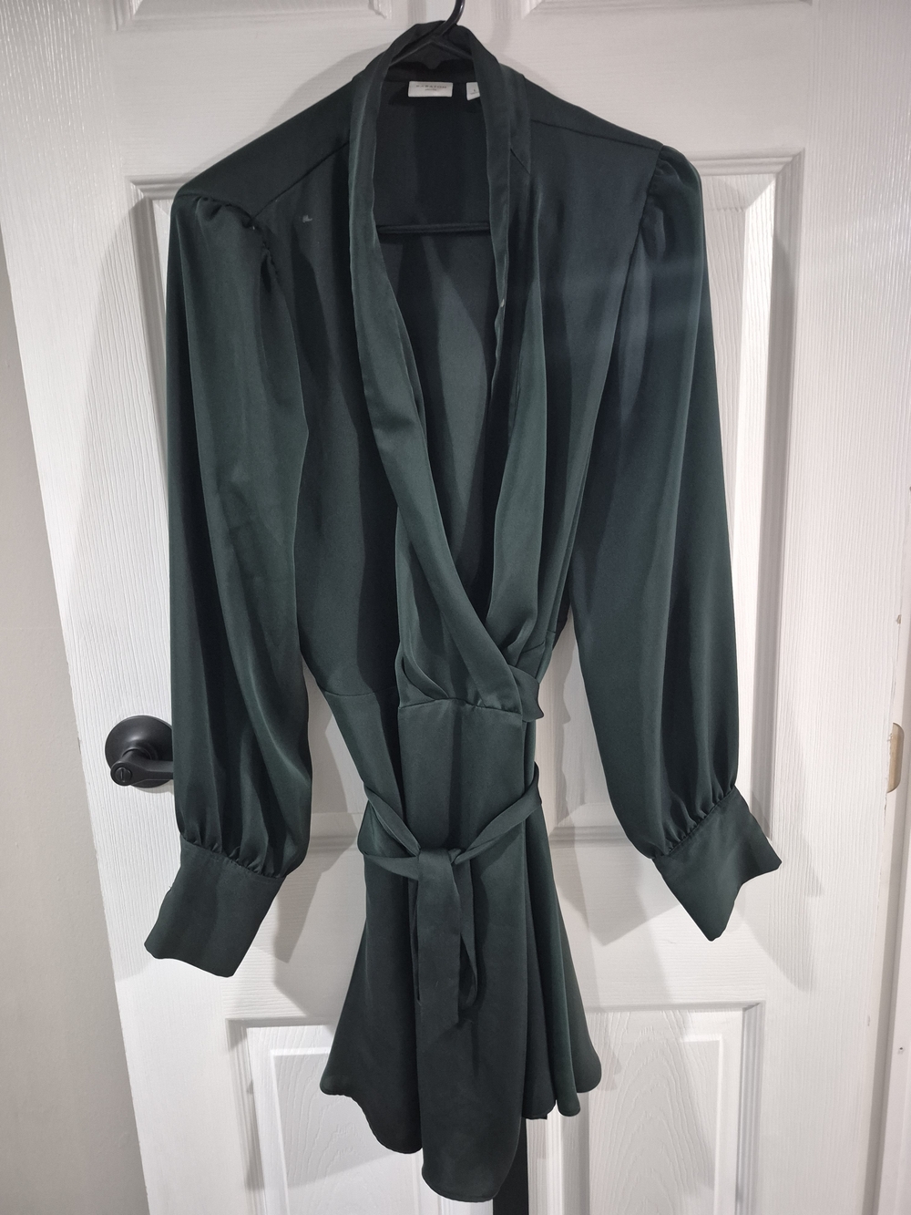 Babaton Dark Green Satin Wrap Robe with Shawl Collar